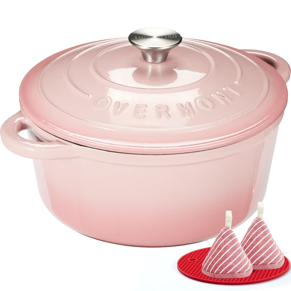 Overmont pink dutch oven with closed lid showing even heat for braises
