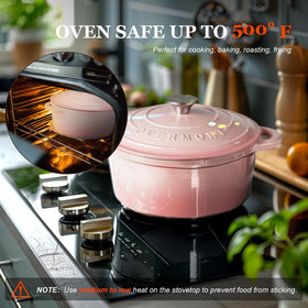 Overmont pink dutch oven in roasting mode for oven-to-table meals