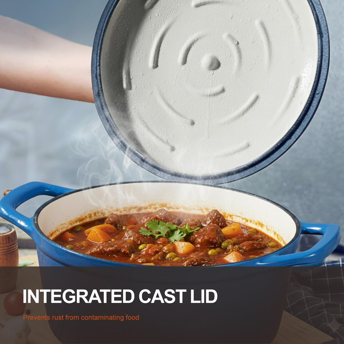 Overmont enameled lid with arched design preserves moisture and flavor.