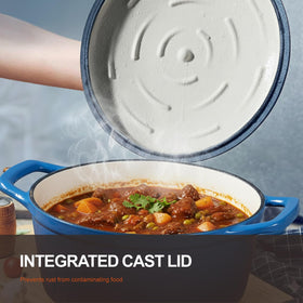 Overmont enameled lid with arched design preserves moisture and flavor.