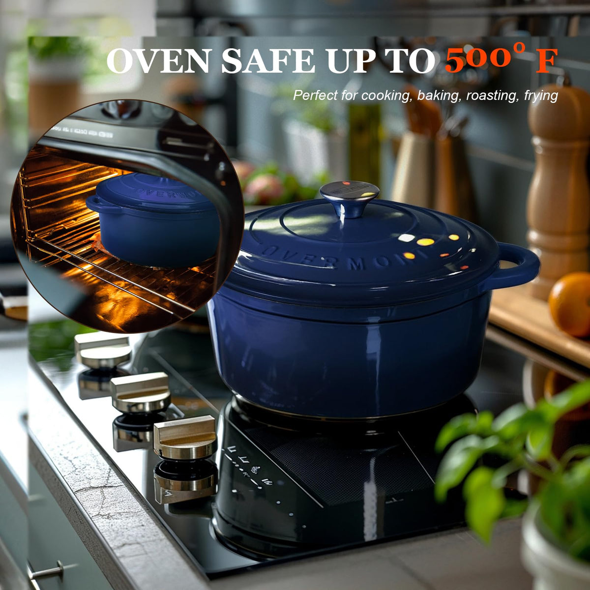 Overmont Dutch Oven shown on various stovetops for versatile cooking.