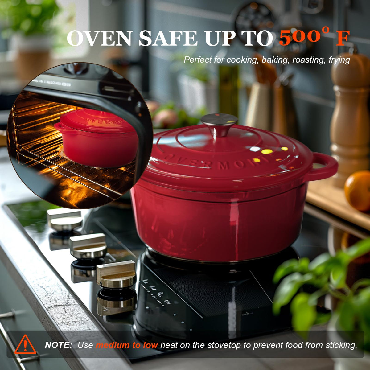 Overmont Dutch Oven interior view — even heat distribution for braising and stews.