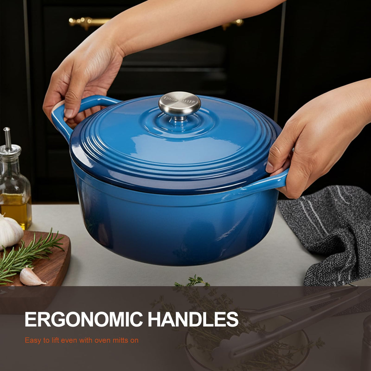 Overmont Dutch Oven with steaming dish demonstrates even heat for braises.