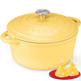 Overmont enameled cast iron Dutch oven with lid for even heat and moisture retention.
