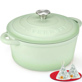 Overmont enameled cast iron Dutch oven with even heat distribution for juicy results.