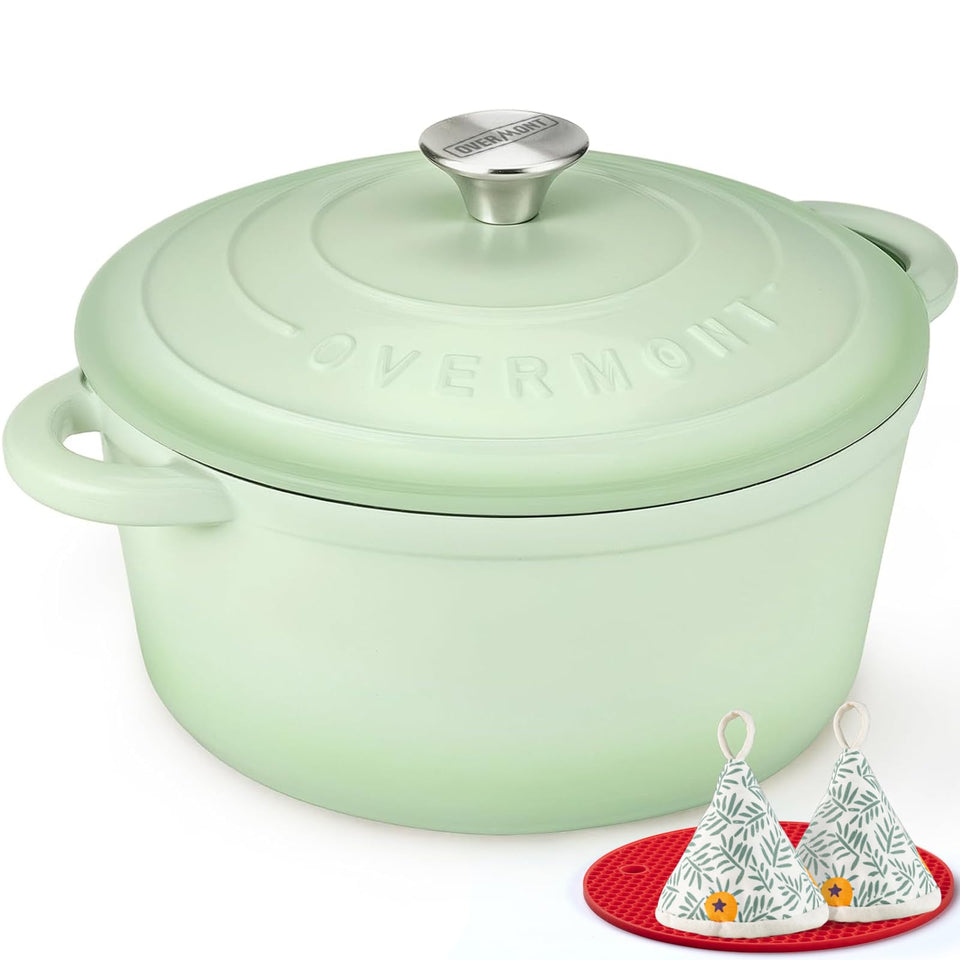 Overmont enameled cast iron Dutch oven with even heat distribution for juicy results.