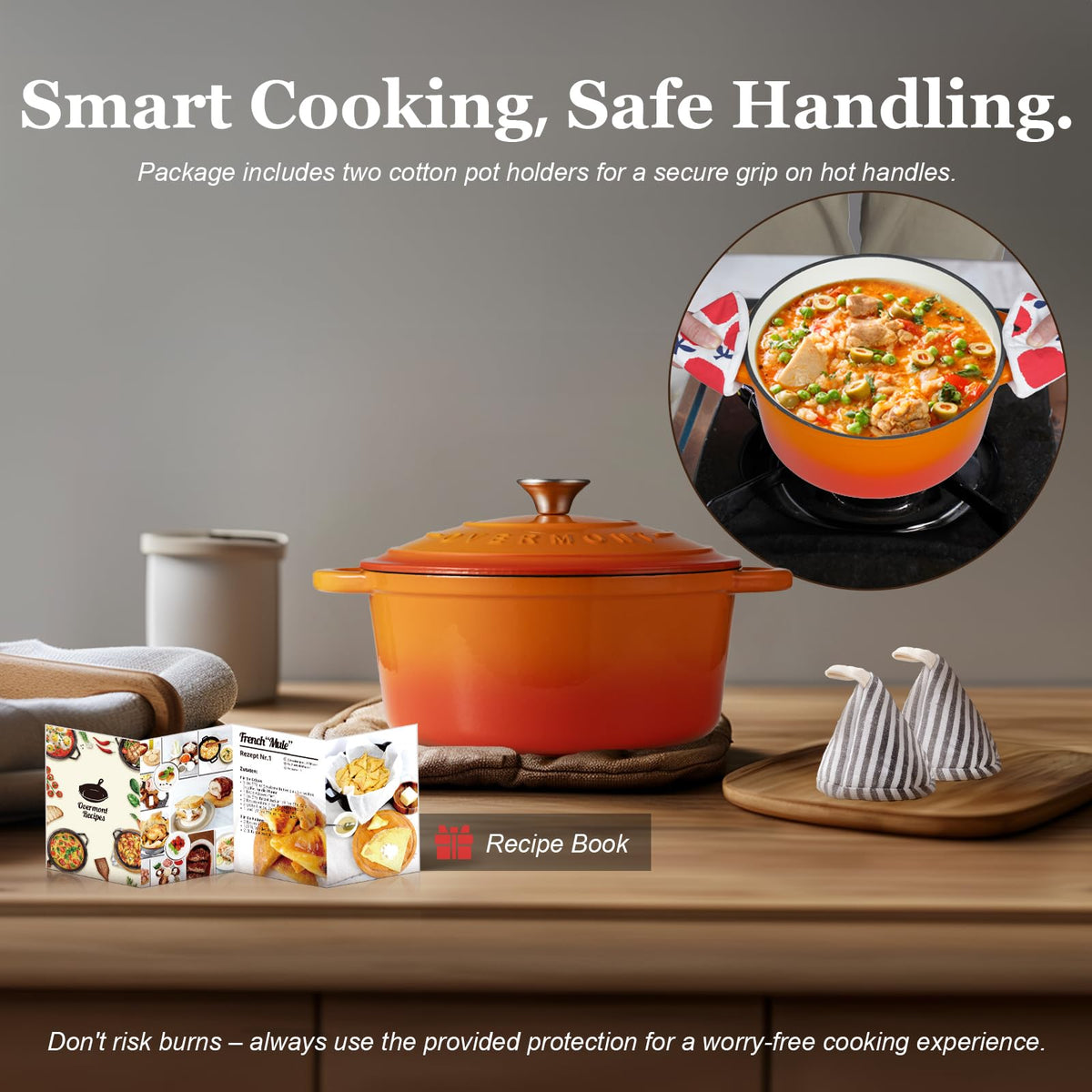 Overmont Dutch Oven cotton-potholders emphasize safe handling and heat protection.