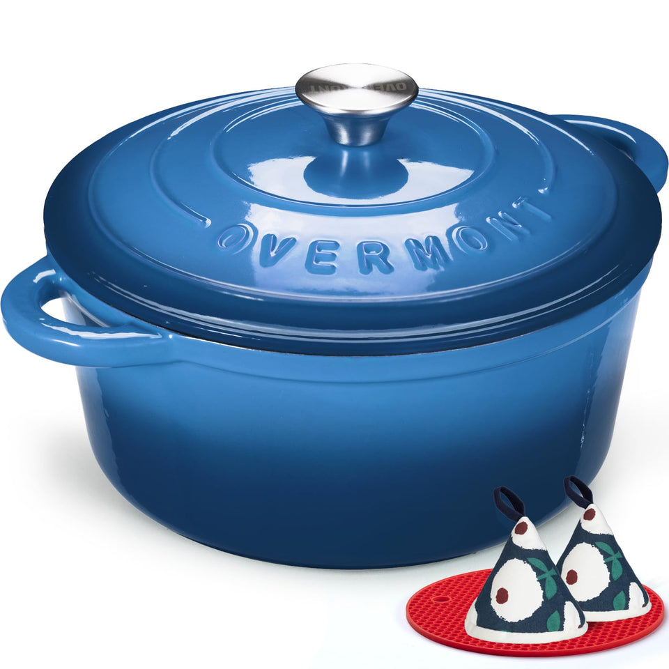 Overmont blue enameled cast iron dutch oven front view highlighting even heat distribution.