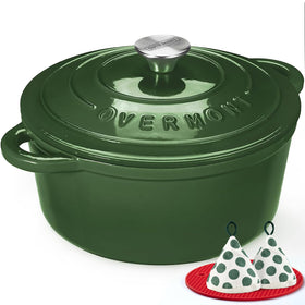 Overmont enameled cast iron Dutch oven green with lid, even heat for braising.