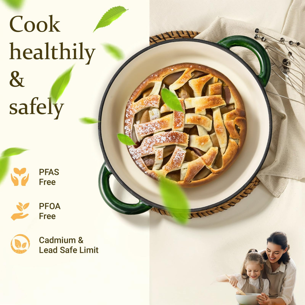 Overmont enameled Dutch oven on stove, lid preserves moisture for flavorful stews.