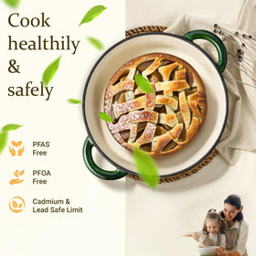 Overmont enameled Dutch oven on stove, lid preserves moisture for flavorful stews.