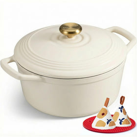 Overmont 5.5QT enamelled Dutch oven front view highlighting sturdy handles for easy lifting.