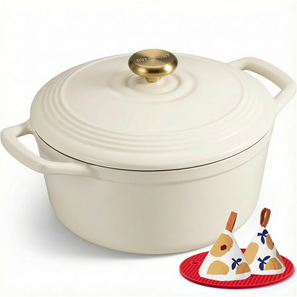 Overmont 5.5QT enamelled Dutch oven front view highlighting sturdy handles for easy lifting.
