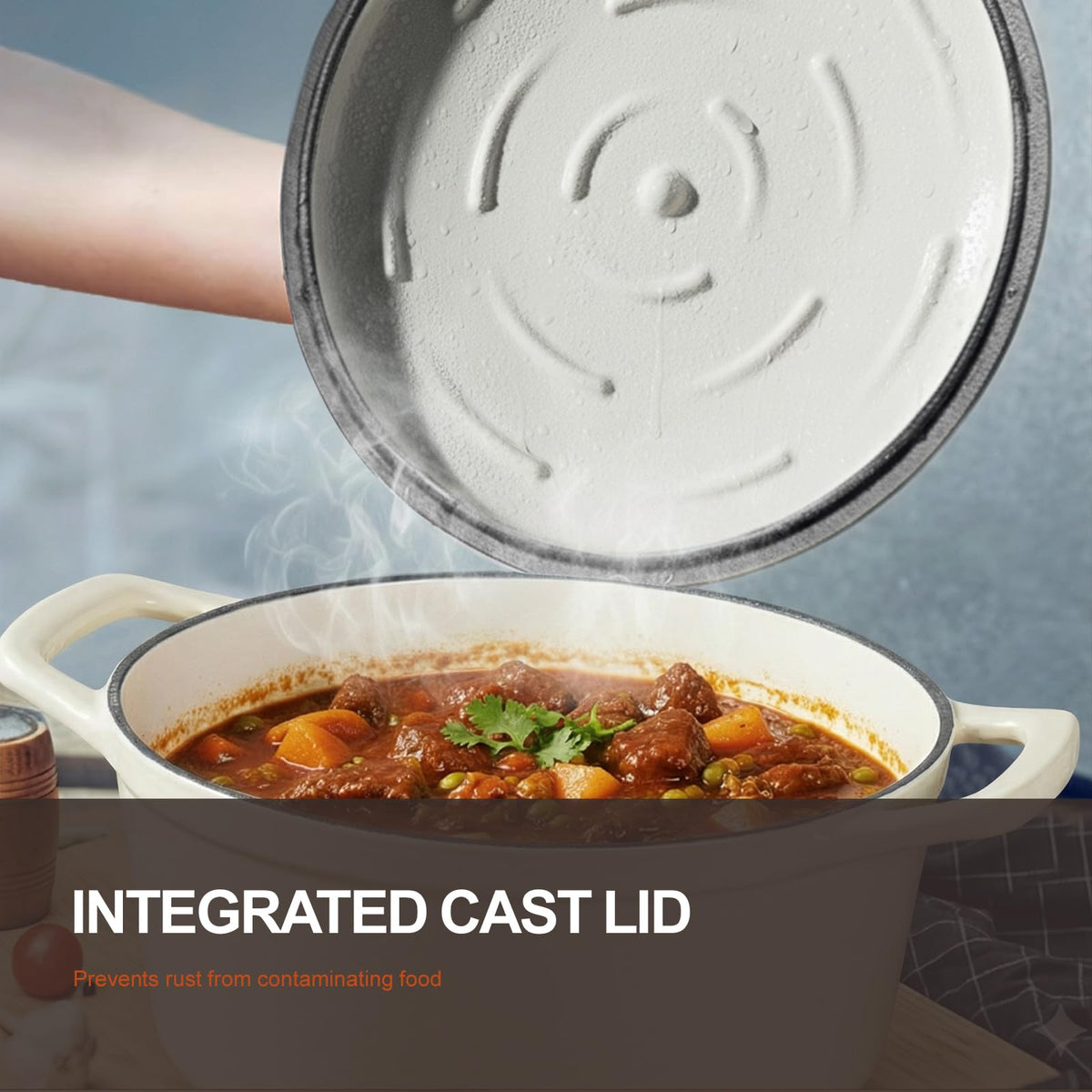 Overmont enamelled Dutch oven with lid open showing moisture-retaining design for flavorful dishes.