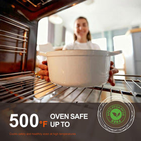 Overmont 5.5QT on stovetop demonstrates versatility for braising and roasting.