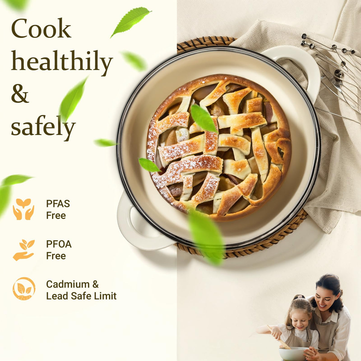 Overmont enameled Dutch oven 7QT handle showcases safe, secure grip.