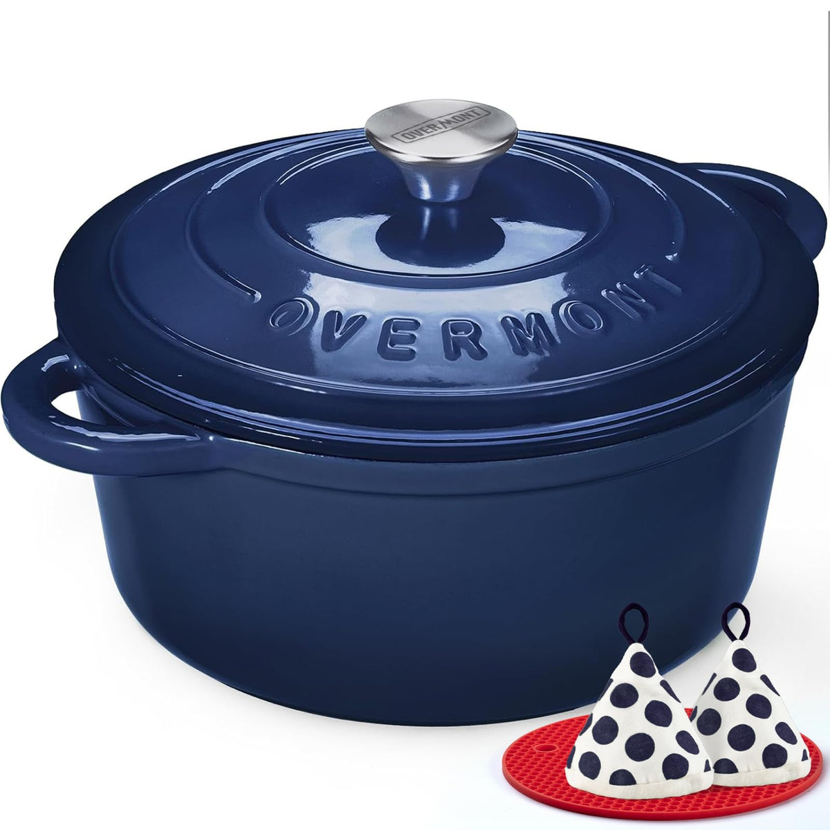 Overmont enameled Dutch Oven Indigo Blue with 5.5QT capacity for even braising.