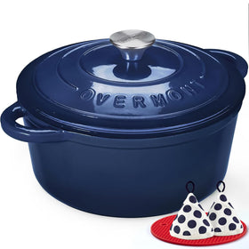 Overmont enameled Dutch Oven Indigo Blue with 5.5QT capacity for even braising.