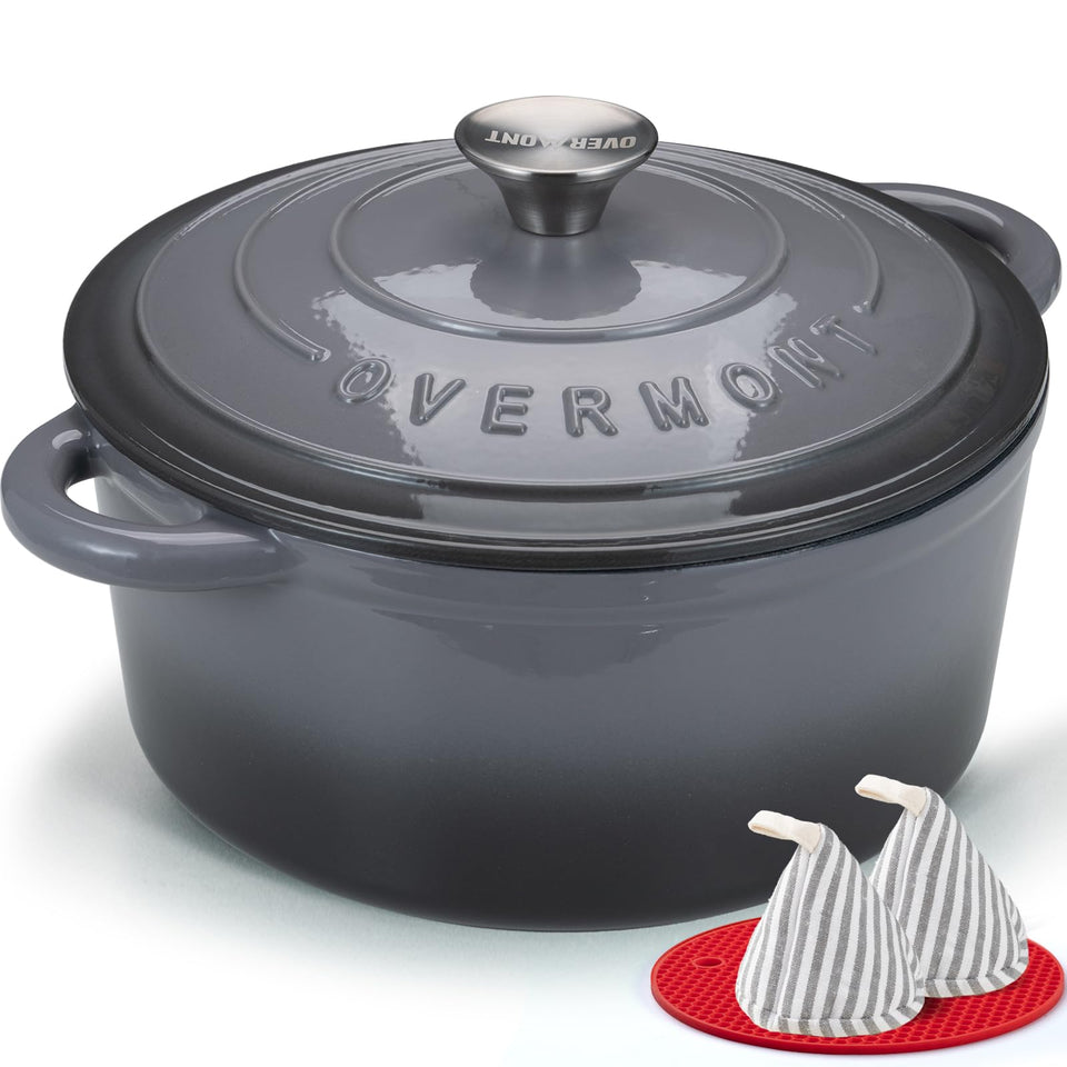 Overmont grey enameled Dutch oven with lid for even heat and moisture