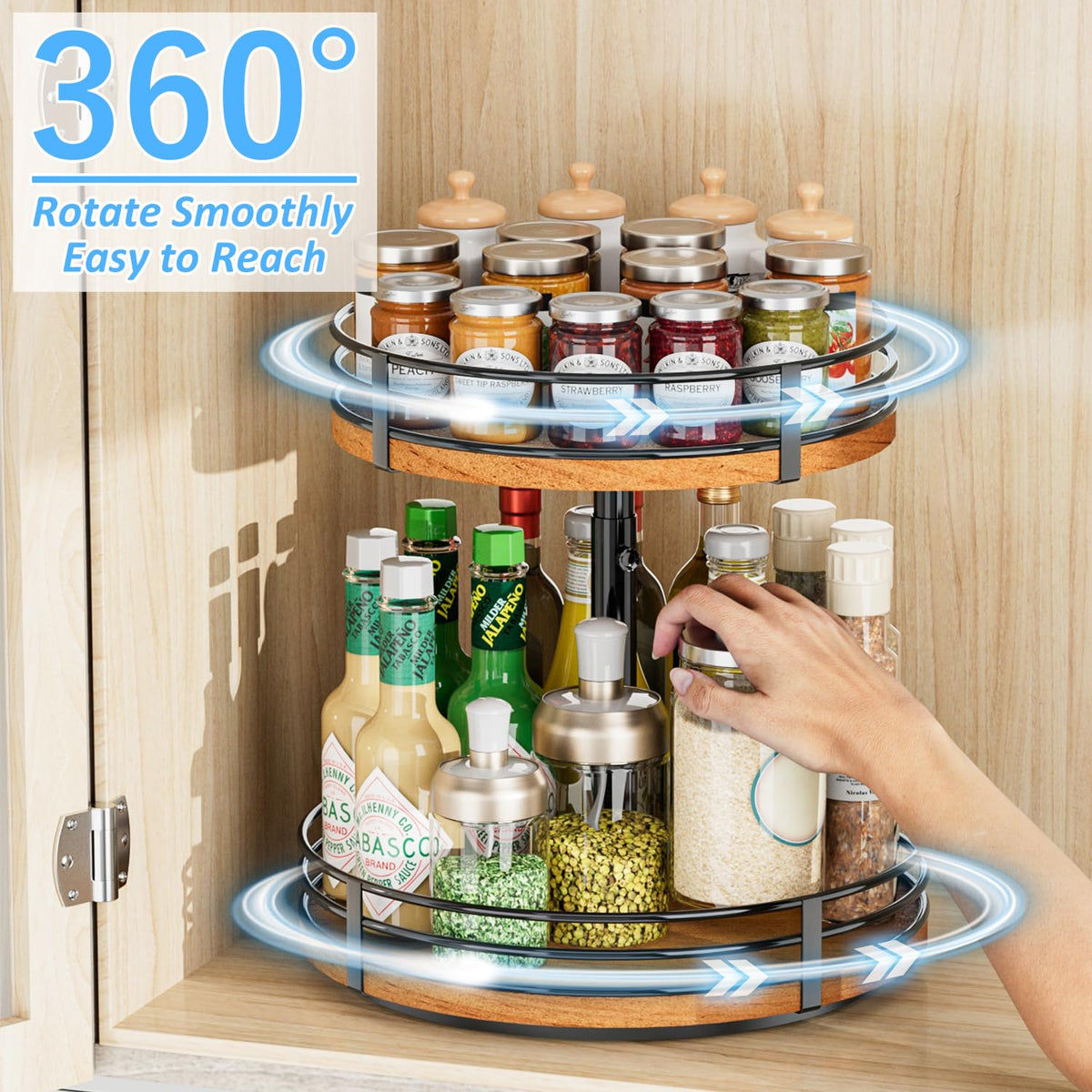 OVICAR adjustable-height wood Lazy Susan fits tall bottles and jars.