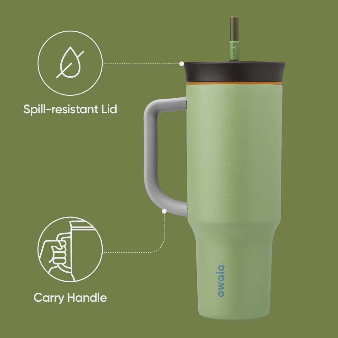Owala 40oz tumbler with carry handle for easy grabbing during commutes.