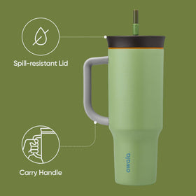 Owala 40oz tumbler with carry handle for easy grabbing during commutes.