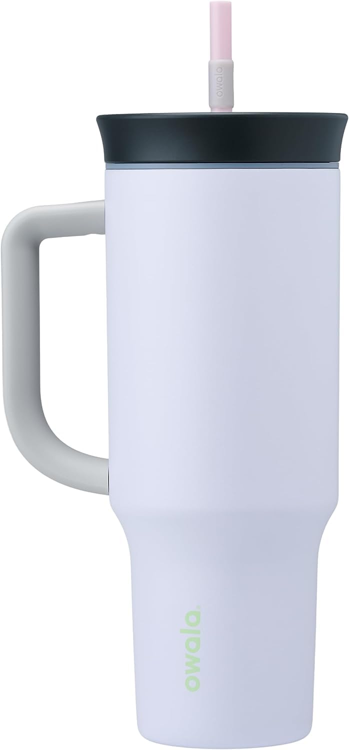 Owala 40oz tumbler Bunny Hop purple with spill-resistant lid for on-the-go hydration.