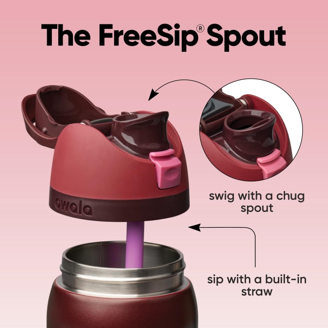 Owala FreeSip lid with locking button keeps spout clean during travel.
