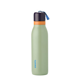 Owala FreeSip Twist bottle front view in blue-green camo for on-the-go hydration.