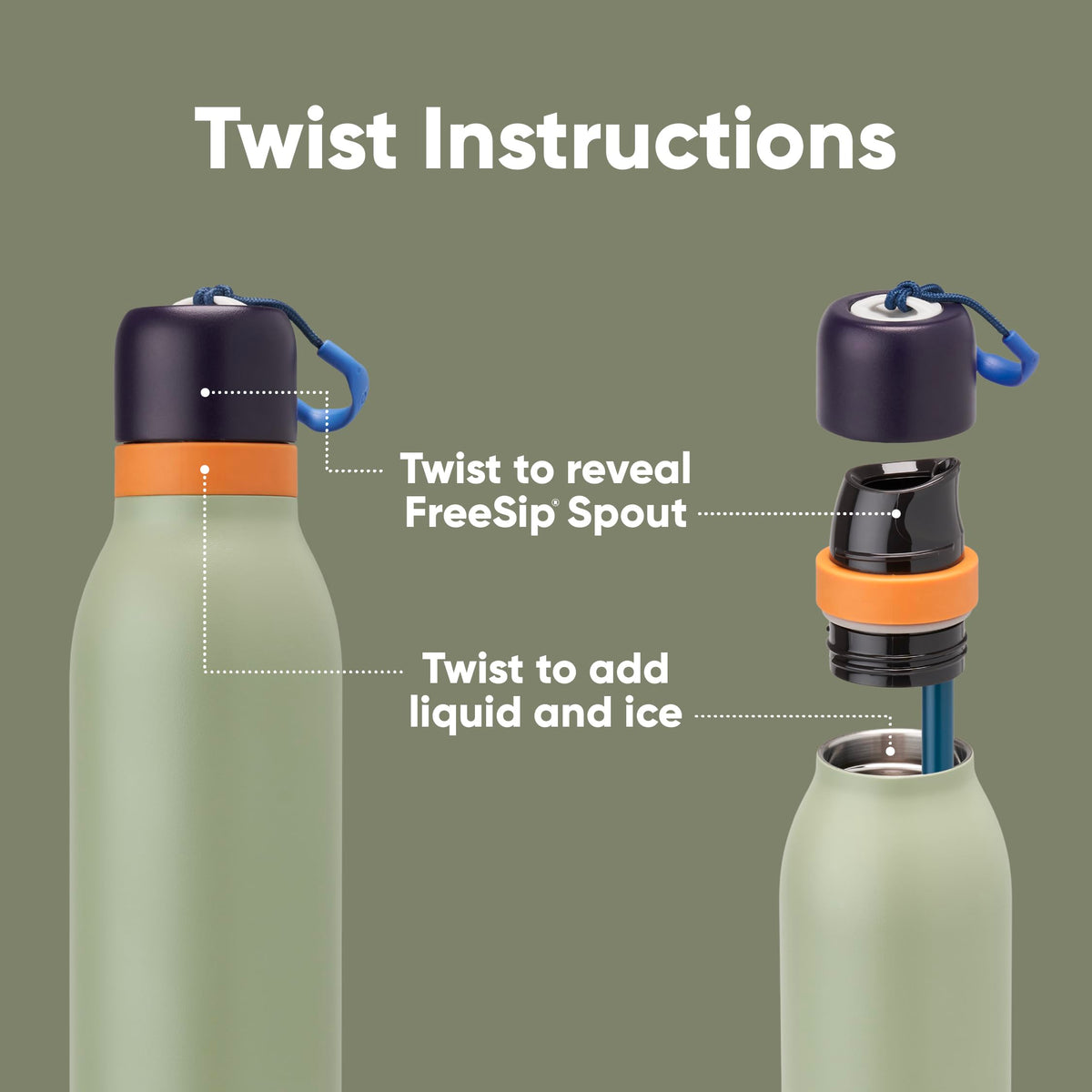 Owala FreeSip Twist twist-top lid highlights leak-proof design for travel.