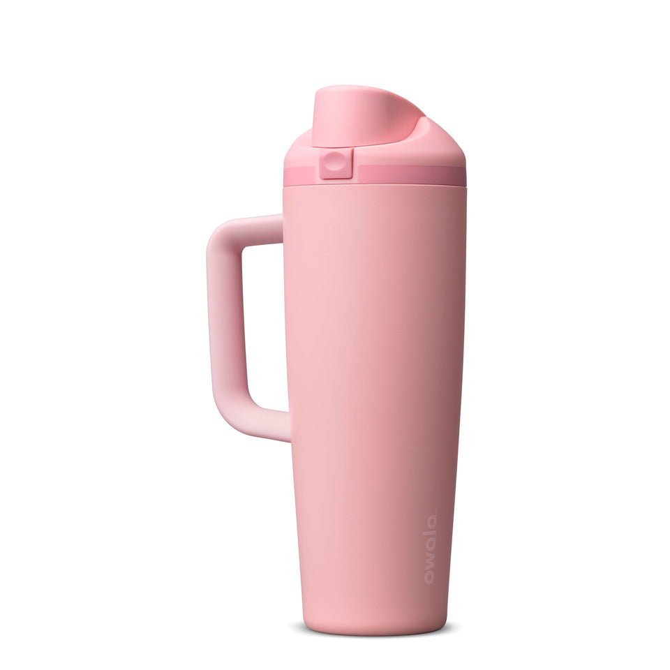 Owala FreeSip 30oz bottle with push-button lid, designed for travel.