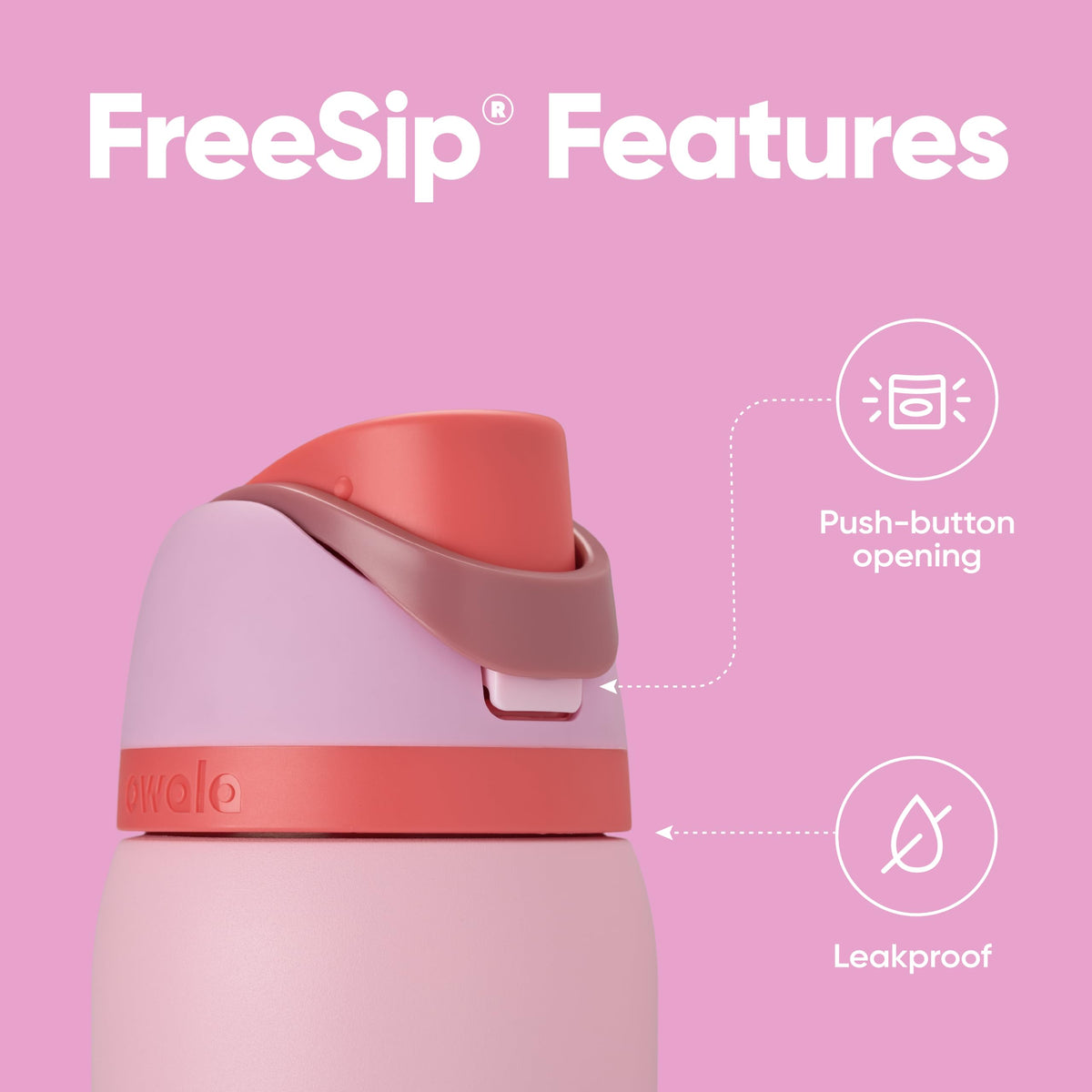 Owala FreeSip locking lid close-up, keeps spout clean on the go.