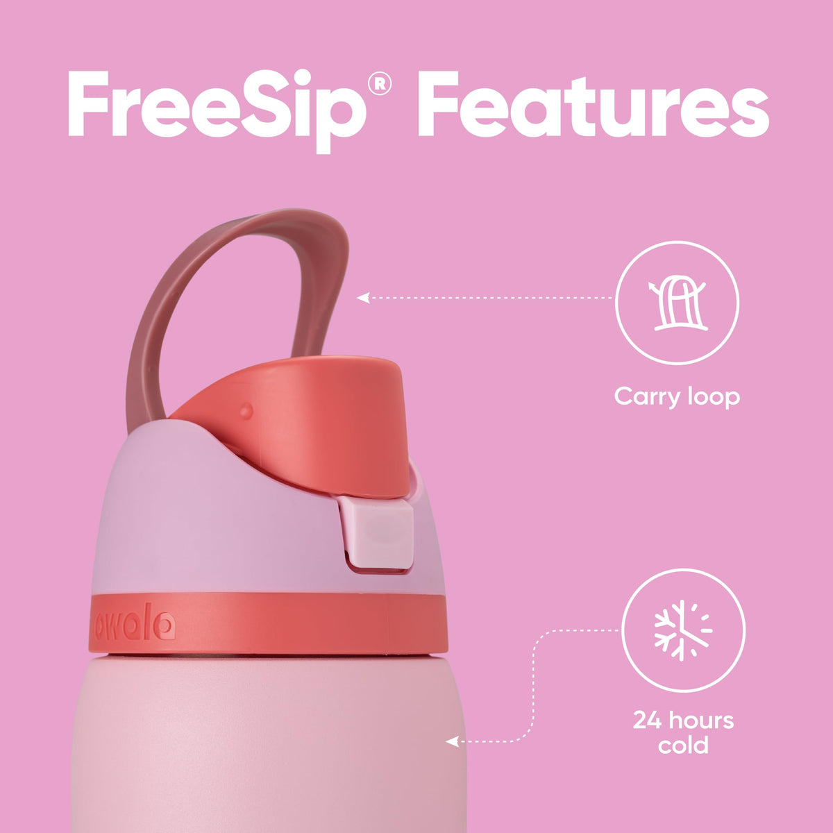 Owala FreeSip spout close-up, highlights easy sipping and cleaning.