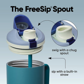 Owala FreeSip 40oz denim bottle with push-button lid for quick access