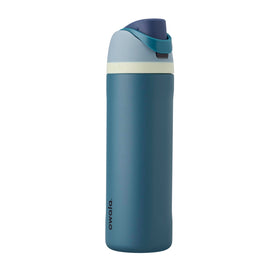 Owala FreeSip denim 24oz bottle front view demonstrates dual drinking options.