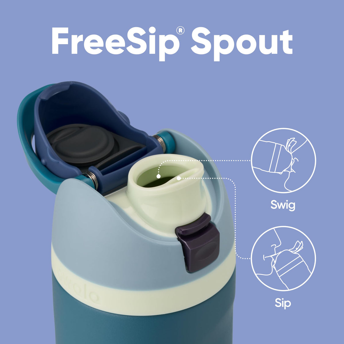 Owala FreeSip denim lid with locking push-button keeps spout clean during travel.