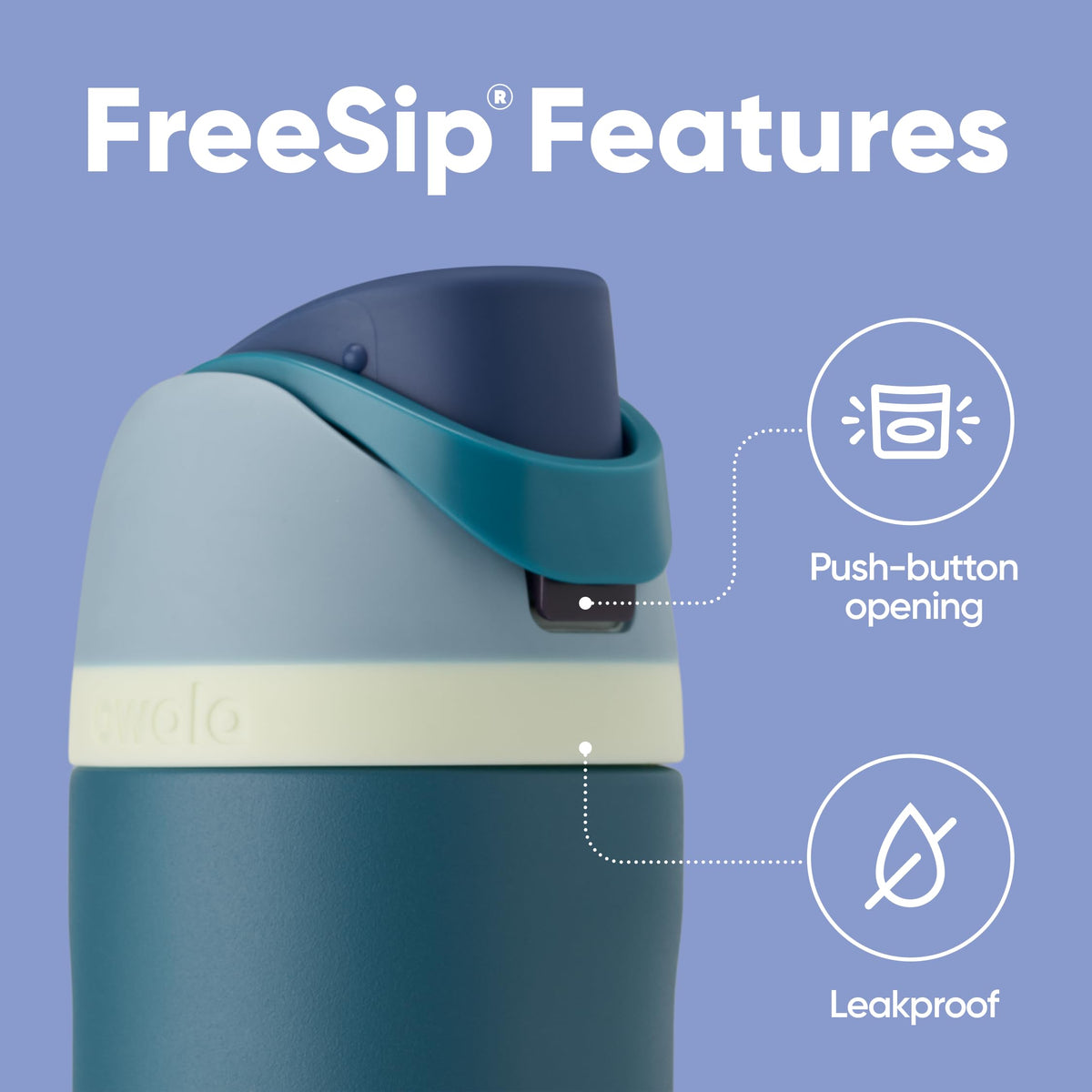 Owala FreeSip denim straw shows built-in sipping option for upright use.