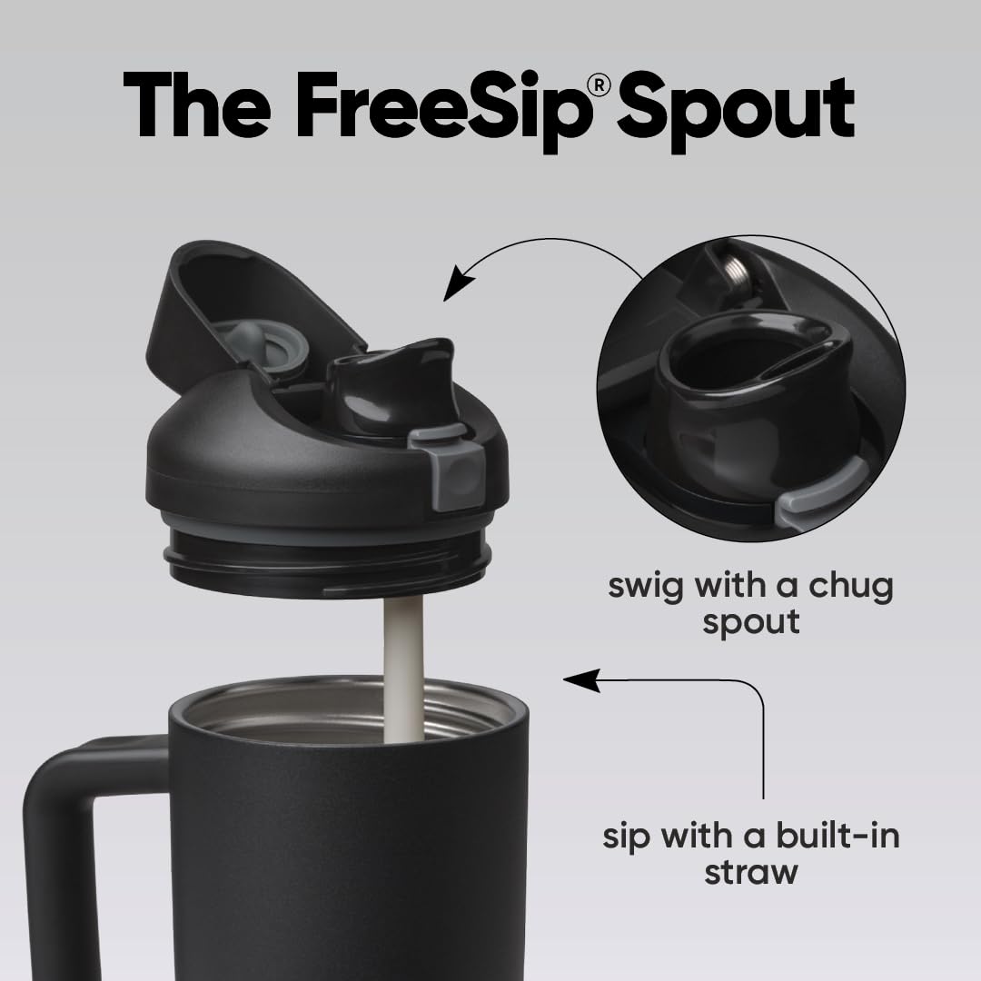 Owala FreeSip push-button lid close-up highlights easy one-handed access.