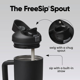 Owala FreeSip push-button lid close-up highlights easy one-handed access.
