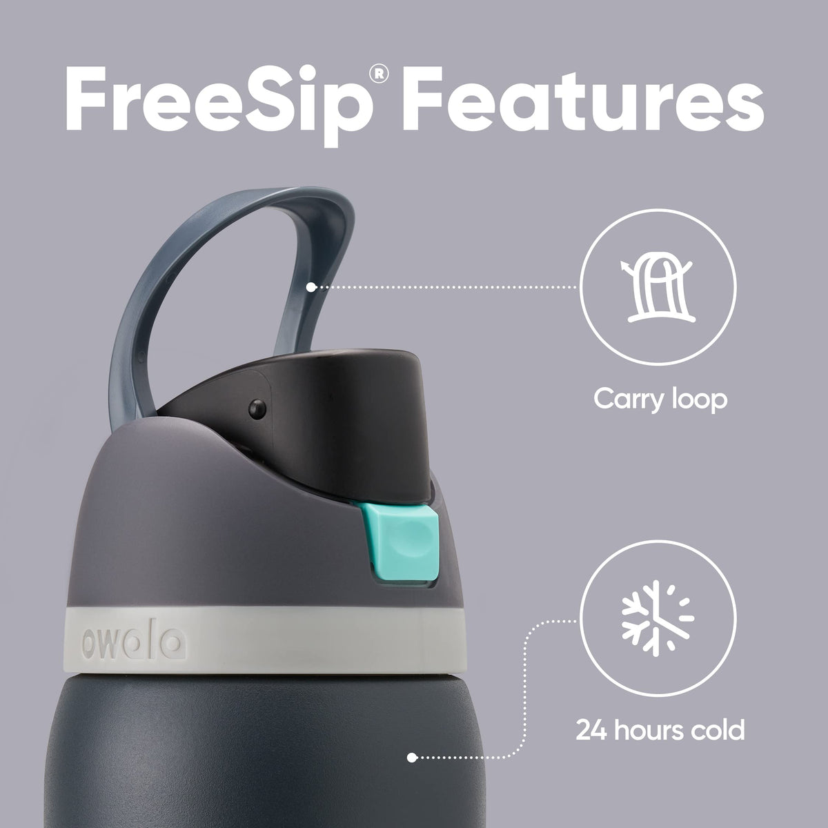 Owala FreeSip push‑button lid with lock for secure on‑the‑move sipping.