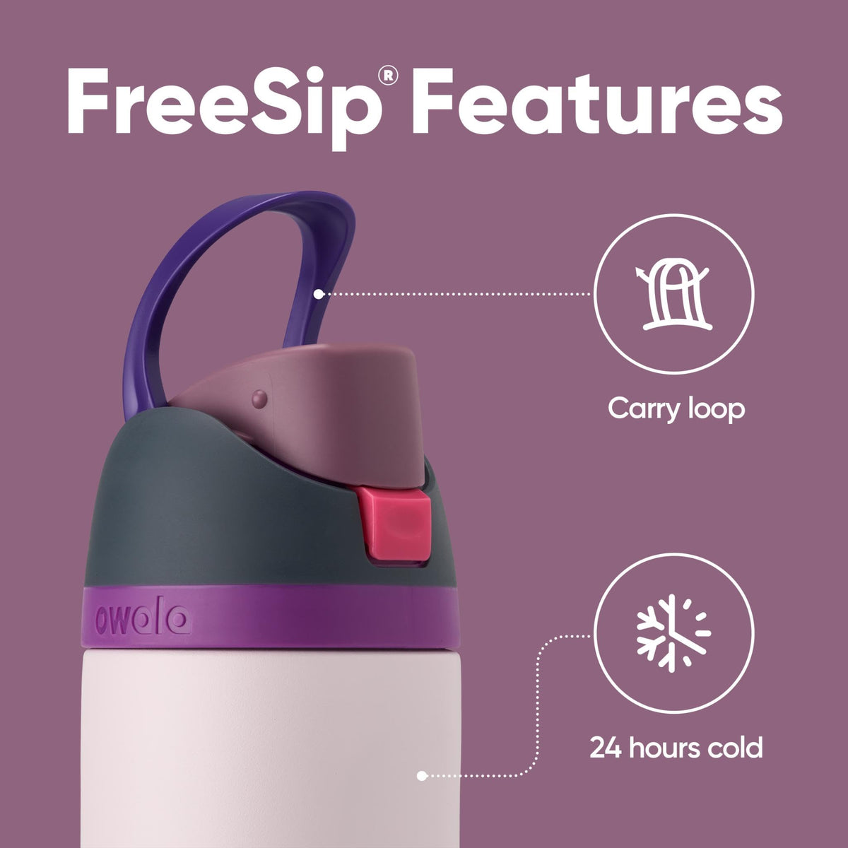 Owala FreeSip with push-button lid shows secure, spill-resistant design.