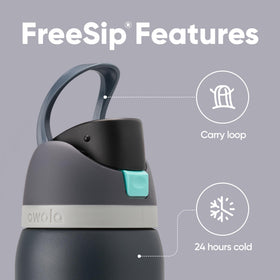 Owala FreeSip lid with push-button locking mechanism for clean spout access.