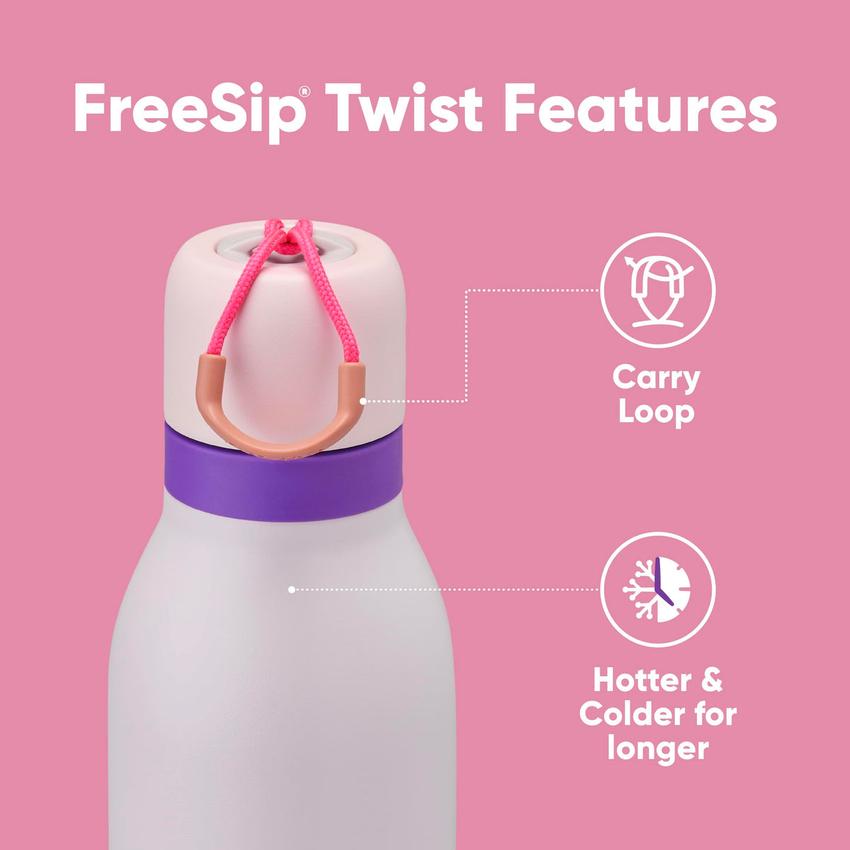 Owala FreeSip Twist with twist-top cap, leak-proof design for travel.
