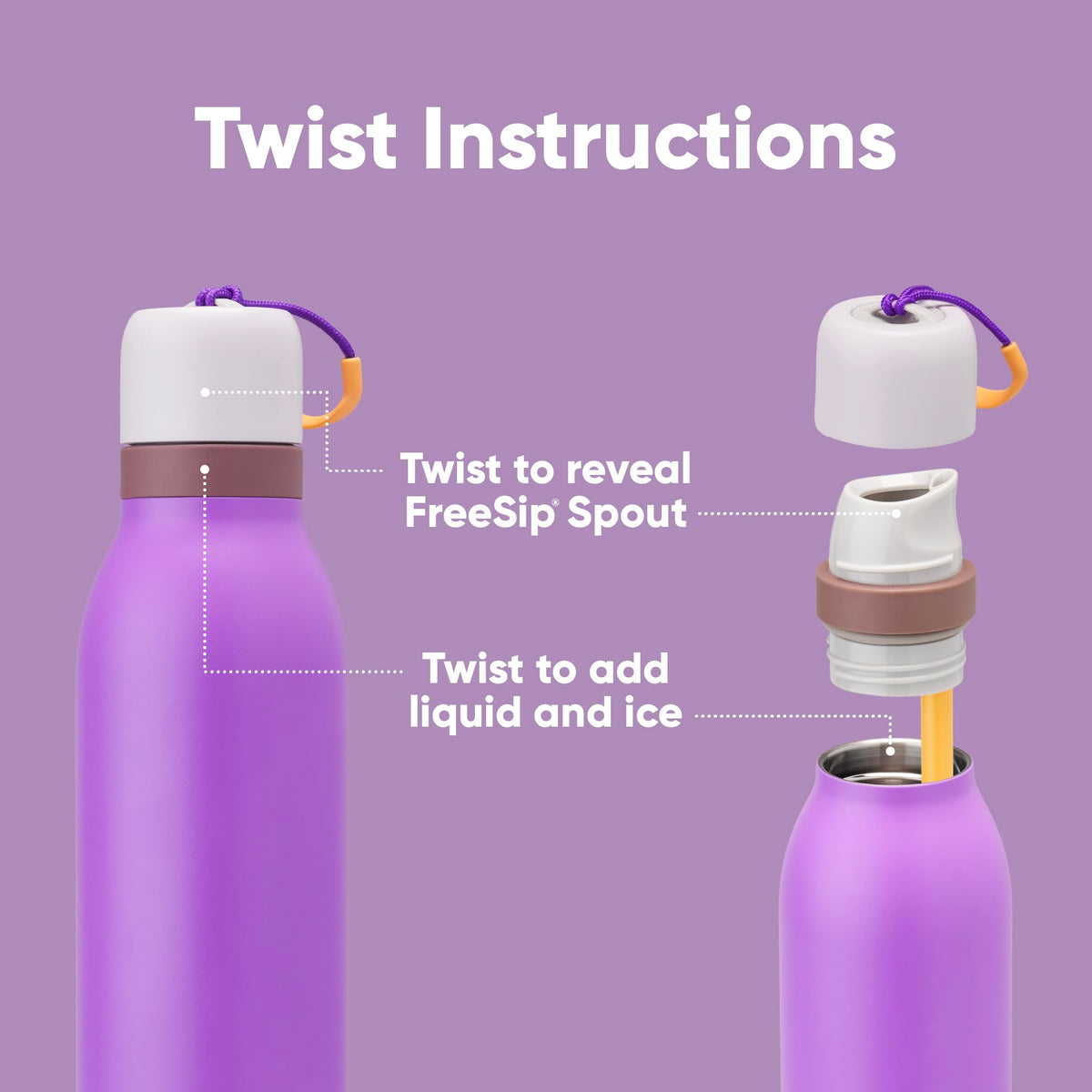 Owala FreeSip Twist bottle highlights leak-proof top for mess-free hydration