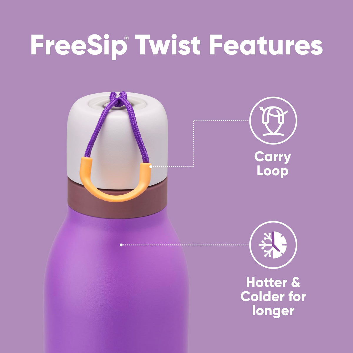 Owala FreeSip Twist bottle with built-in spout demonstrates sipping upright or swigging