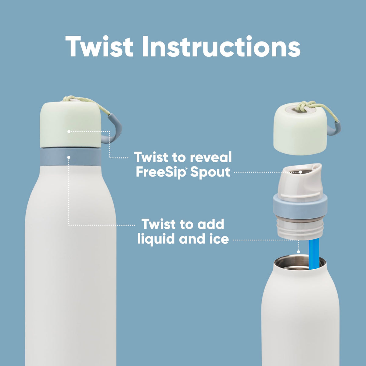 Patented FreeSip spout enables sipping upright or swigging from the opening.