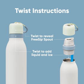 Patented FreeSip spout enables sipping upright or swigging from the opening.