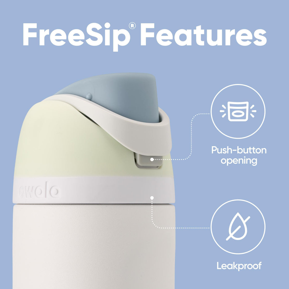 Owala FreeSip wide-mouth spout for quick ice addition and easy cleaning.