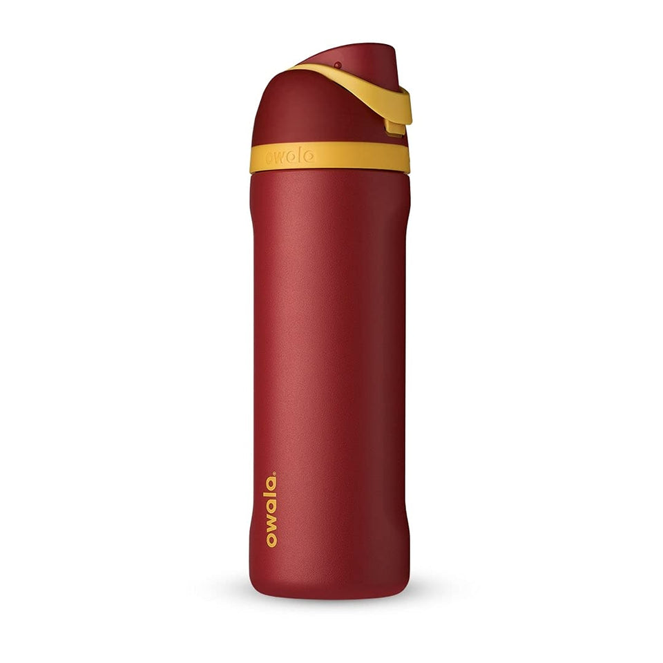 Owala FreeSip Gryffindor bottle side view keeps drinks cold on the go.