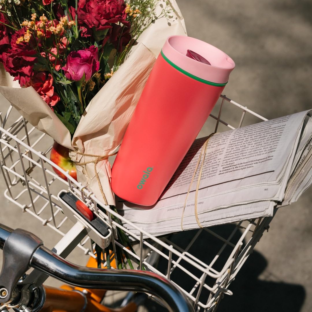 Owala SmoothSip Slider pink Strawberry Fields color for stylish portability.